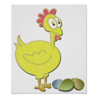 Cartoon Yellow Chicken and Eggs Art Poster