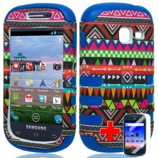 Samsung Galaxy Discover S730g / Galaxy Centura S738c (StraightTalk/Net 10/Tracfone) 2 Piece Silicon Soft Skin Hard Plastic Shell Image Case Cover, Abstract Multicolor Pattern Blue Silicon + LCD Clear Screen Saver Protector Cell Phones & Accessories
