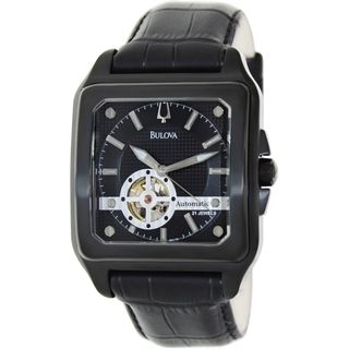 Bulova Men's Mechanical Black Leather Strap Black Dial Automatic Watch Bulova Men's Bulova Watches
