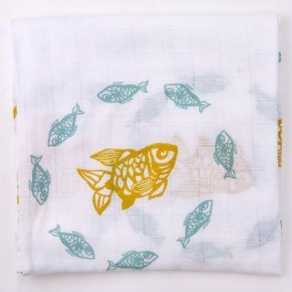 Goldfish (Orange & Teal) Organic Muslin Swaddling Blanket  Nursery Swaddling Blankets  Baby