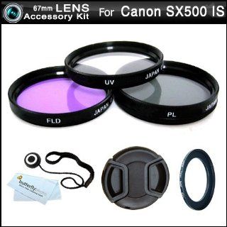 67mm Multi Coated 3 Piece Filter Kit (UV CPL FLD) For The Canon PowerShot SX500 IS, SX500is Digital Camera + Necessary Ring Adapter (67mm) + Snap On Lens Cap + Lens Cap Keeper + MicroFiber Cleaning Cloth  Camera Lens Filter Sets  Camera & Photo