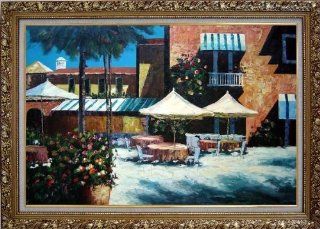 Table Sets in a Tropical Resort Large Oil Painting, with Ornate Gold Wood Frame 30x42 Inch  