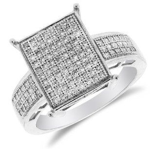 .925 Sterling Silver Plated in White Gold Rhodium Diamond Engagement OR Fashion Right Hand Ring Band   Emerald Shape Center Setting w/ Micro Pave Set Round Diamonds   (1/3 cttw) Jewelry