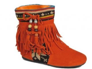 Katherine 06 Fringe Moccasin Ankle Boots Orange Tribal Shoes