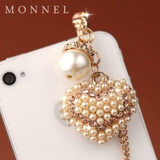 ip641 Cute Faux Pearl Peach Crystal Heart LOVE Anti Dust Plug Cover Charm for iPhone 3.5mm Cell Phone Cell Phones & Accessories