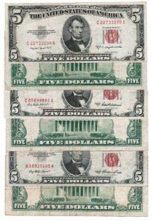 1953 $5 Red Seal United States Note Old US Paper Money 
