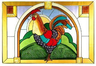 Rooster Horizontal Art Glass Panel Wall Hanging Suncatcher 14 x 20   Stained Glass Window Panels