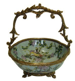 Porcelain Candy Dish / Bowl with Hand painted Flowers and Bird and Brass Handles and Accents   Chinaware   Decorative Bowls