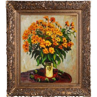 Art Monet Vase of Chrysanthemums with Burgeon Gold Frame, Organic Pattern Facade with Gold Finish   Oil Paintings