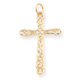 10K Yellow Gold Polished Filigree Cross Pendant Charm Jewelry