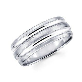 Solid 14k White Gold Mens Satin High Polish Milgrain Wedding Ring Band 8MM Size 10.5 Jewelry