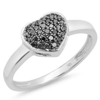 0.20 Carat (ctw) 10k White Gold Round Black Diamond Ladies Bridal Heart Shaped Engagement Promise Ring 1/5 CT Jewelry