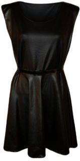 PaperMoon Women's Plus Size Wet Look Belted Skater Dress   Black   US 12 14 (UK 16 18)
