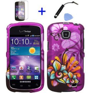 4 items Combo ITUFFY (TM) Mini Stylus Pen + LCD Screen Protector Film + Case Opener + Purple Butterfly Orange Pink Green Color Daisy Flower Design Rubberized Snap on Hard Shell Cover Faceplate Skin Phone Case for Straight Talk Samsung Galaxy Proclaim 720C