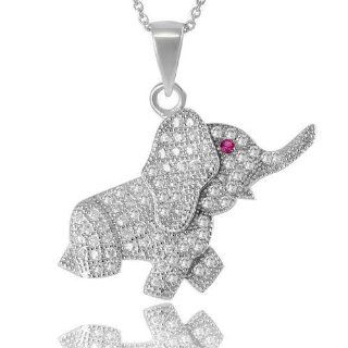 Everbling Clear Micropave Elephant Pendant Cubic Zirconia Rhodium Plated 925 Sterling Silver with 18" Silver Chain Necklace Jewelry