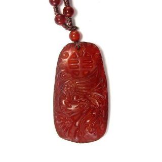 Natural Red Agate Dragon and Phoenix Pendant with Beaded Necklace Jewelry