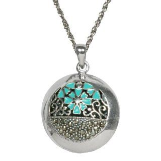 Sterling Silver Oxidized Marcasite with Light Blue Epoxy Textured Round Shape Pendant Necklace, 18" Jewelry