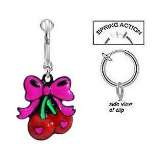 Fake Belly Navel Non Clip on Red Sweet Cherry's w/ Pink Bow cherries dangle Ring Jewelry