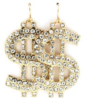 Trendy Large 2" BLING BLING iced out Crystal Embellished Gold Tone Dollar Money Sign Dangle Earrings Weed Earrings Jewelry
