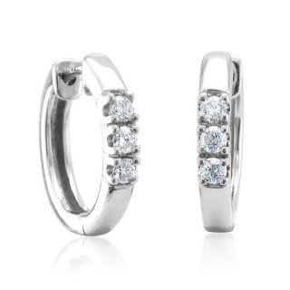 10k White Gold 3 Stone Hoop Huggies Diamond Earrings (HI, I1 I2, 0.18 carat) Jewelry