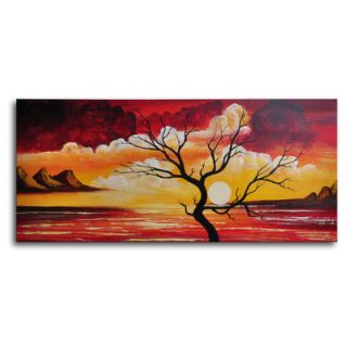 Hand Painted Tree Silhouette Against Sun Canvas Wall Art   16 x 36