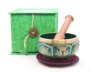 Tibetan Buddhist Green 8 Lucky Symbols Yoga Meditation Singing Bowl / Rosewood Mallet / Velvet Cushion / Box Gift Set Musical Instruments