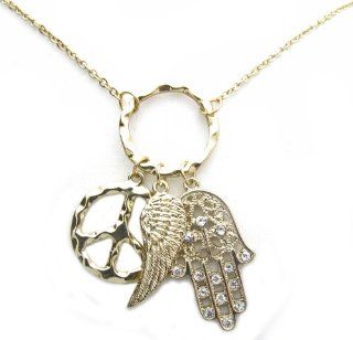 Gold Plated Hamsa/Hand of Fatima, Peace Sign, and Wing Charm Necklace   17 Inch Chain Pendant Necklaces Jewelry