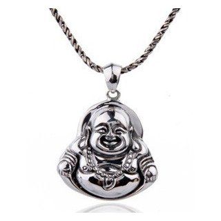 Thailand Buddhism Retro Vintage Laughing Buddha 925 Sterling Silver Thai Silver 100% Pendant Necklace for Man Men Necklace Buddha Jewelry
