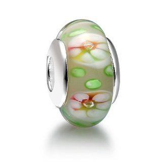 Wholesale 3 pcs/lot White Flower With Green Dots Murano Glass Bead   Charms