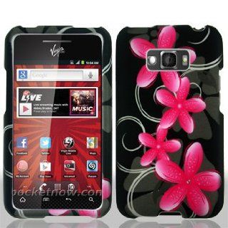 LG Optimus Elite LS696 LS 696 Black with Pink Floral Flowers Black Swirl Vines Design Snap On Hard Protective Cover Case Cell Phone Cell Phones & Accessories