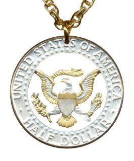 24k Gold and Sterling Silver Cut Coin Necklace Pendant Women's Men's Jewelry   Kennedy Half Coin Jewelry