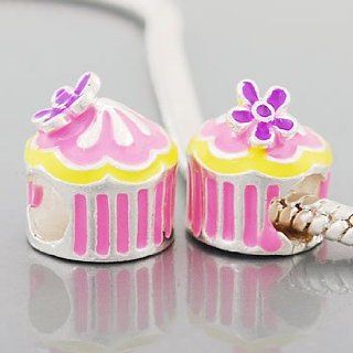 Pandora Style Silver Plated Pink CAKE with Flower *Fits Pandora, Chamalia, Biagi Jewelry