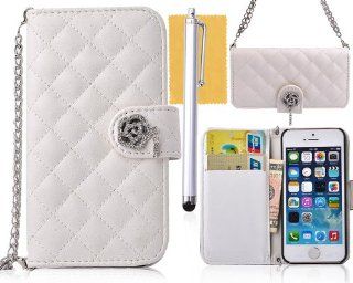 Tradekmk(TM) Rose Bling Rhinestone Hand Bag Purse Wallet Leather Case Pouch with Credit ID Card Slots Holders/ Strap Chain Fit For iPhone 5 5S(White), with Stylus Pen,Screen Protector and Cleaning Cloth Cell Phones & Accessories