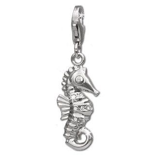 SilberDream Charm sea horse with white zirconia, 925 Sterling Silver Charms Pendant with Lobster Clasp for Charms Bracelet, Necklace or Earring FC682 SilberDream Jewelry