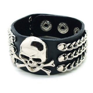Fashion Punk Rivets Skull with Multi layer Chain Black Leather Wristband Bracelet Jewelry