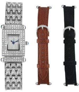 Peugeot Women's 691S Siver tone Interchangeable Strap Crystal Pave Dial Gift Set Watch Watches