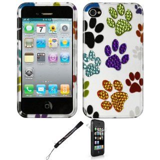 Paw Print Diamond Rhinestones Front and Back Cover for Apple iPhone 4/4s, 4s + Screen Protector + Determination Hand Strap Cell Phones & Accessories
