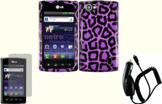 Purple Leopard Design Hard Case Cover+LCD Screen Protector+Car Charger for LG Optimus M+ MS695 Cell Phones & Accessories