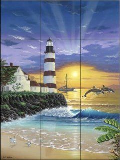 Dolphin Lighthouse by Jeff Wilkie   Kitchen Backsplash / Bathroom wall Tile Mural   Ceramic Tiles  