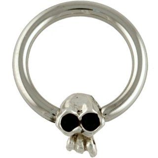 One Steel Captive Bead Ring with Horizontal Medium (8mm) Skullduggery Skull 12g 3/8" (SOLD INDIVIDUALLY. ORDER TWO FOR A PAIR.) Body Piercing Rings Jewelry