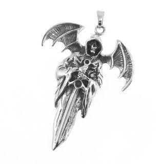 WithLoveSilver Solid Sterling Silver 925 Skull Messenger of Death Holding Sword Satan Wings Pendant Jewelry
