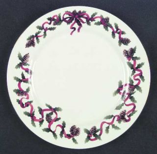 Retroneu Holiday Ribbons Dinner Plate, Fine China Dinnerware   Holly, Pine Cones