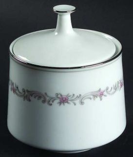 Noritake Corona Sugar Bowl & Lid, Fine China Dinnerware   Pink Flowers, Gray Lea