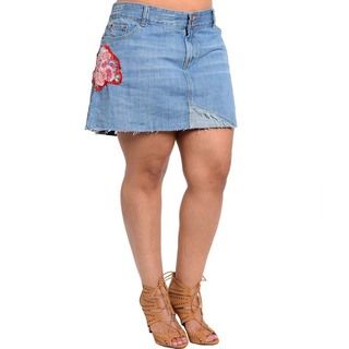 Feellib Womens Plus Size Denim Patch accent Mini Skirt