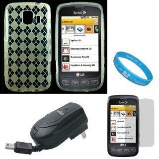 Clear Argyle Rubberzied TPU Silicone Skin Cover Case for Sprint LG Optimus S (Model LG670KIT) + Clear Screen Protector + Black Retractable Travel Wall Charger with IC Chip + SumacLife TM Wisdom Courage Wristband Electronics