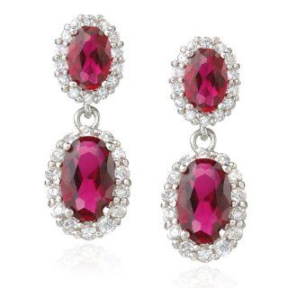 Sterling Silver Created Ruby & Cubic Zirconia Double Oval Drop Earrings by Cheline Jewelry