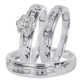 3/8 Carat T.W. Round Cut Diamond Women's Engagement Ring, Ladies Wedding Band, Men's Wedding Band Matching Set 10K White Gold   Free Gift Box Jewelry