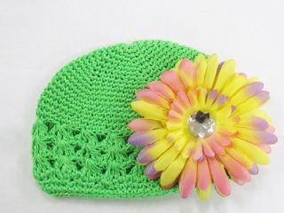 PepperLonely 3 in 1 Lime Green Adorable Infant Beanie Kufi Hat Fits 0   9 Months With a 4" Rainbow Gerbera Daisy Flower Hair Clip Sports & Outdoors