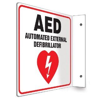 Accuform Signs PSP721 Projection Sign 90D, Legend "AED AUTOMATED EXTERNAL DEFIBRILLATOR" with Graphic, 8" x 8" Panel, 0.10" Thick High Impact Plastic, Pre Drilled Mounting Holes, Red/Black on White