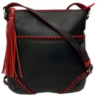 Whipstitched Leather Cross body Handbag (Black/ Red) Clothing